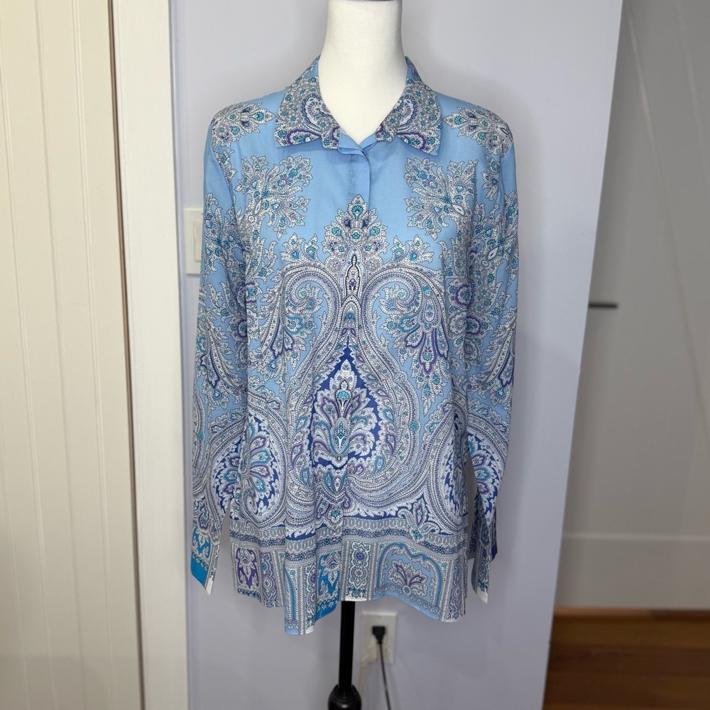 Kobi Halperin Light Blue Paisley CottonButton-Up Blouse, size L, like new!